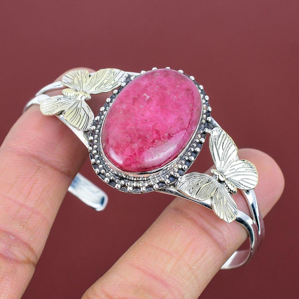 Rhodonite Cuff Bracelet 925 Sterling Silver Adjustable Bangle 18k Gold Plated Bangle Real Gemstone Handmade Jewelry Butterfly Cuff Bracelet