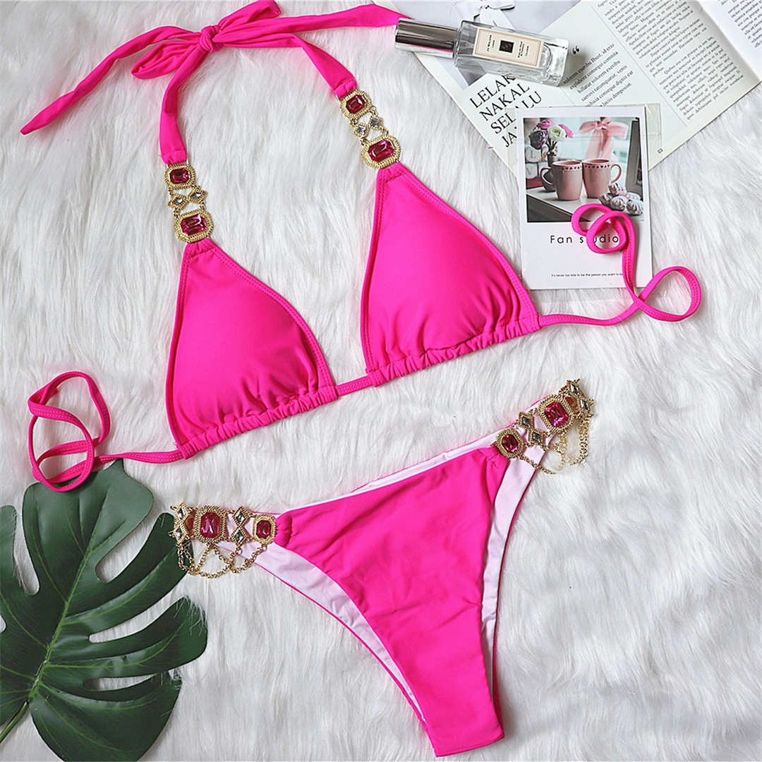 Schlangenhaut Neckholder Bikini Damen Bademode Damen Badeanzug Zweiteiliger Bikini Set Shiny Diamond Bather Badeanzug M rosa