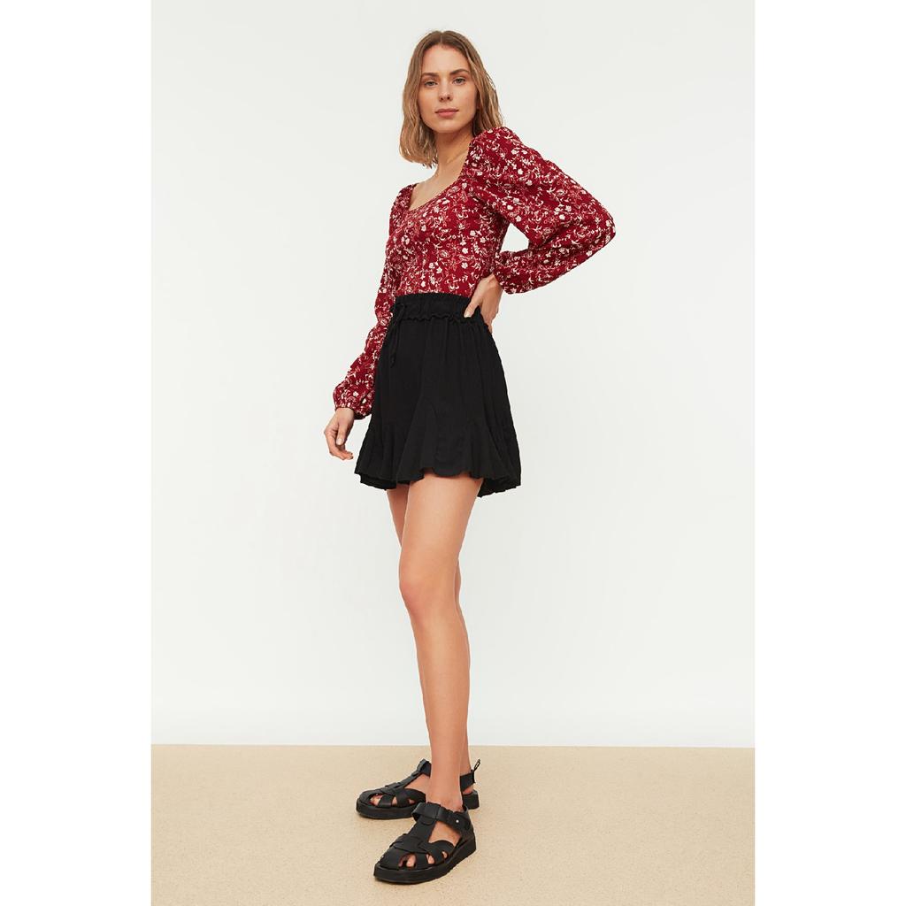 Schwarzer Rock mit Rüschen und normaler Taille, Mini-Strickrock aus Krepp Twoss21et0056