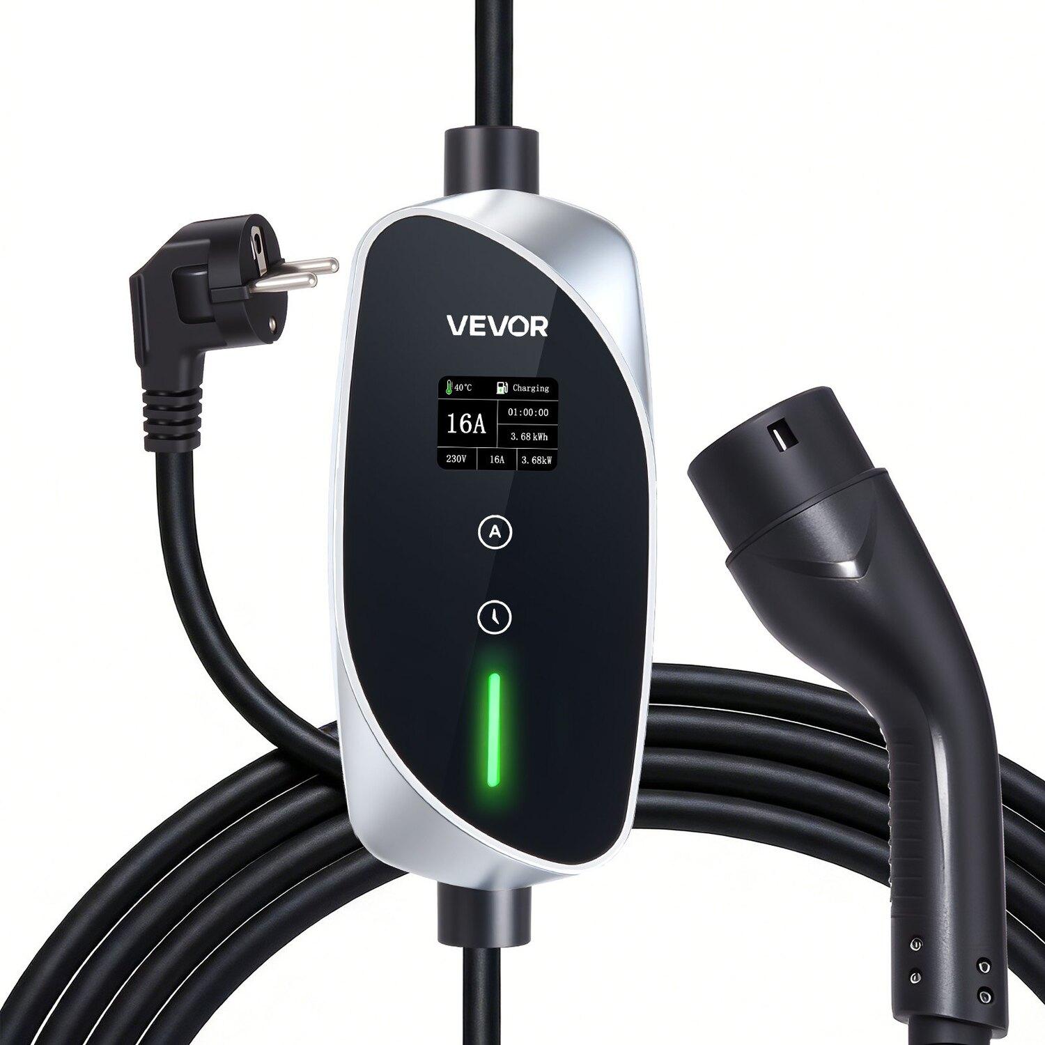 Borne de recharge murale mobile, 3,6 kW 16A, Chargeur de VE portable Type 2, Chargeur de voiture pour véhicule électrique monophasé avec câble de charge de 6 m, Prise Schuko 16A, LCD,