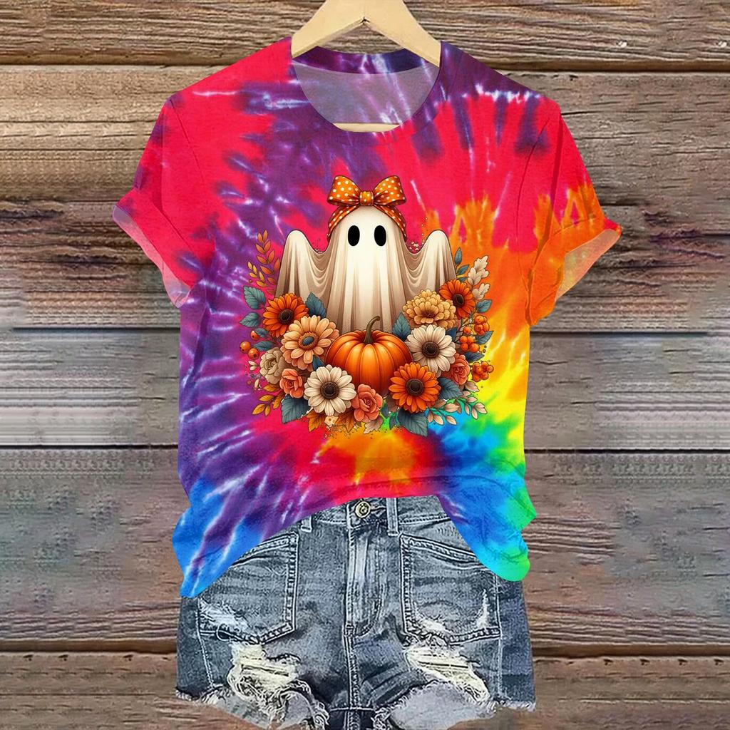 Ladies' Casual Halloween Printed Round Neck Short Sleeved T-Shirt