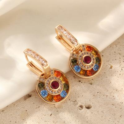 Fashion Round Colorful Zirconia Dangle Earrings for Women Golden Drop Earring Wedding Party Jewelry Accessories