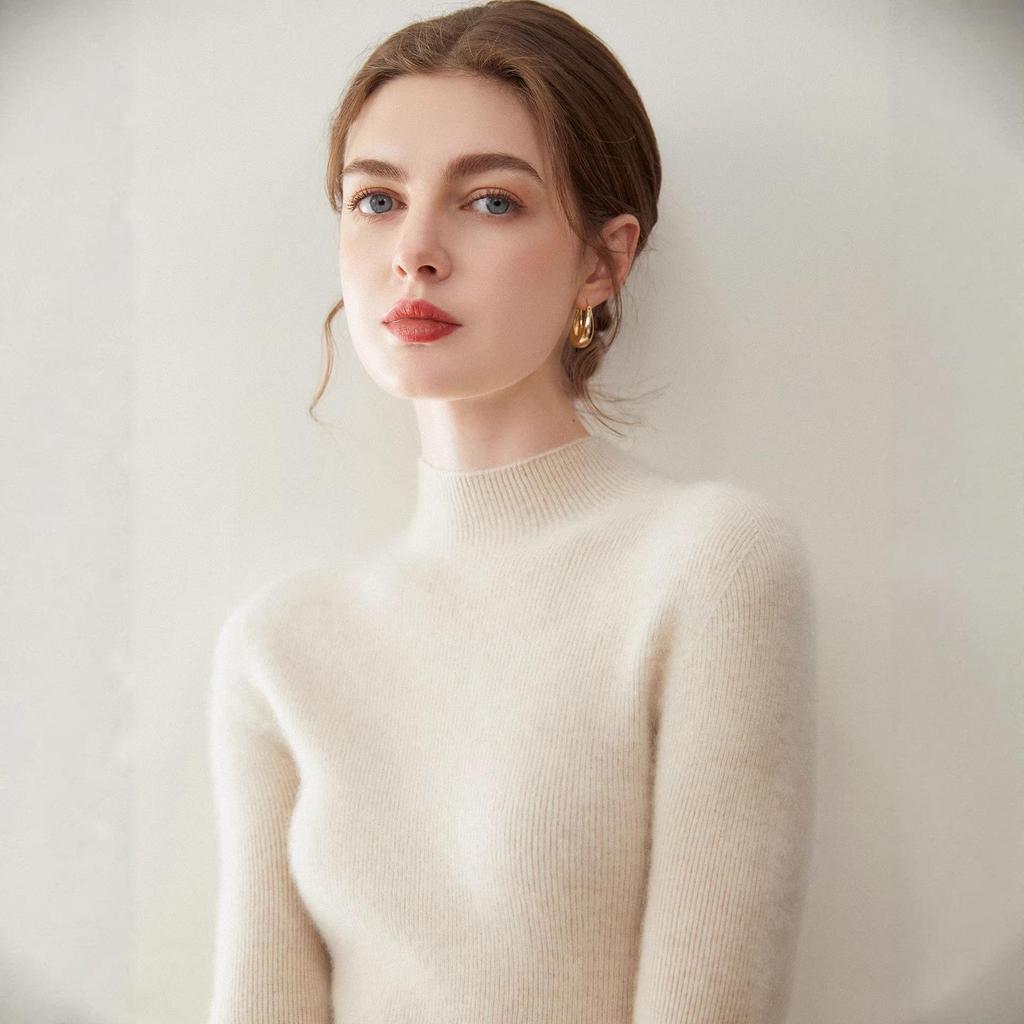 Kangsai Ni Women's Pure Cashmere Sweater - Half-High Neck, Solid Color, Slim Fit, Autumn/Winter Knit Base Layer.