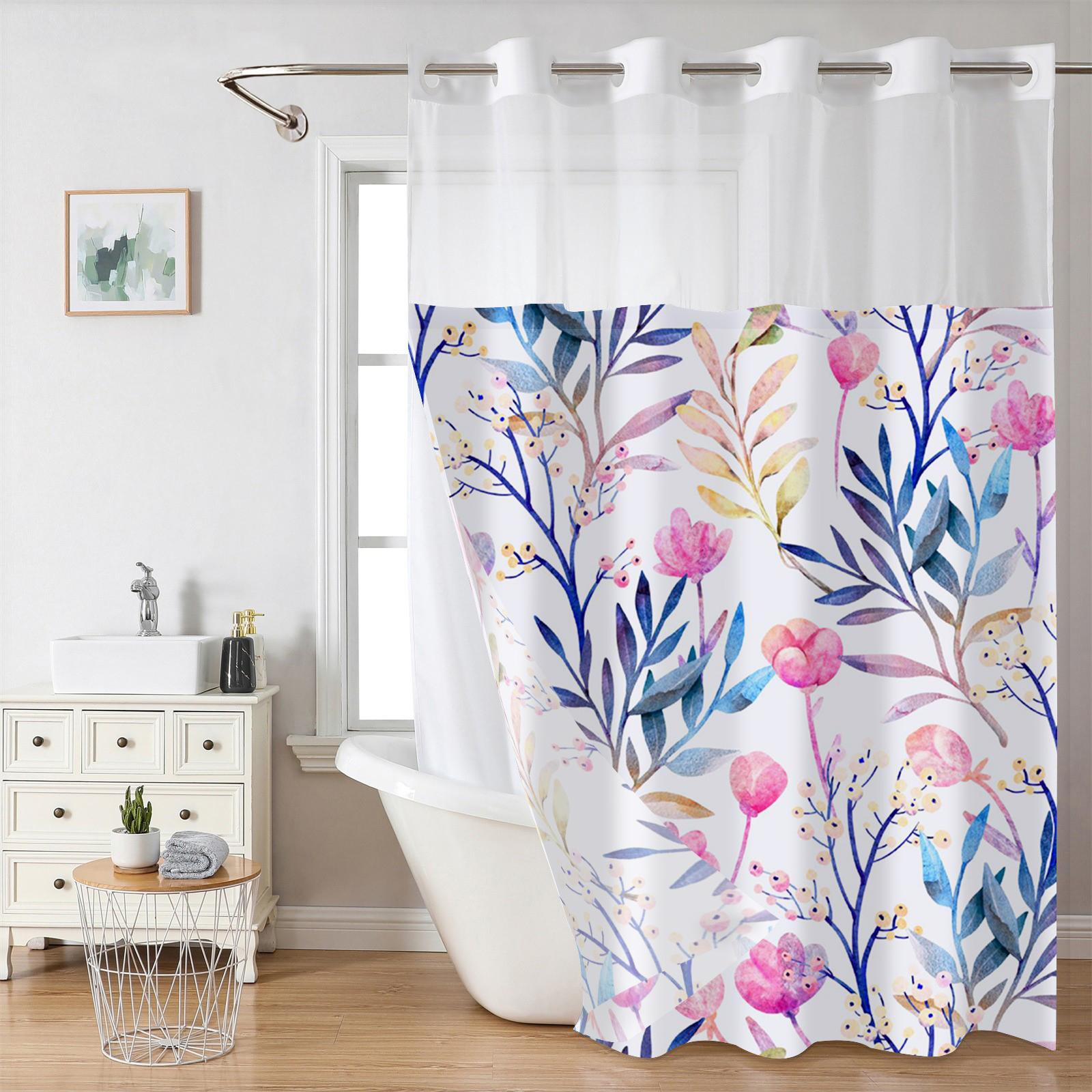 

Бесшовная шторка для душа с цветочным узором и тканевой подкладкой на кнопках, прозрачным верхом-окном, водонепроницаемая двухслойная занавеска для ванны 180X188cm синий