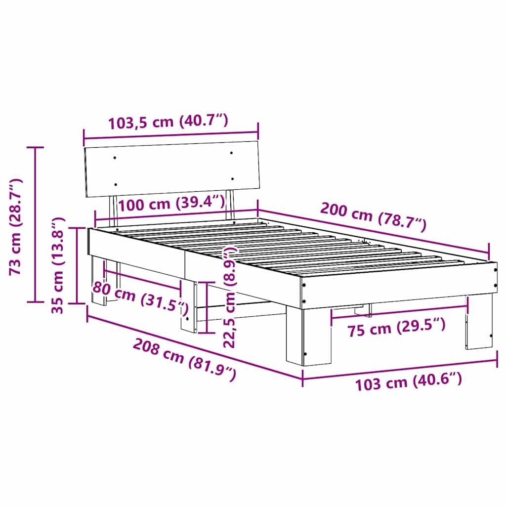 Bed Frame with Headboard Natural Finish 100 X 200 Cm Solid Pine Wood