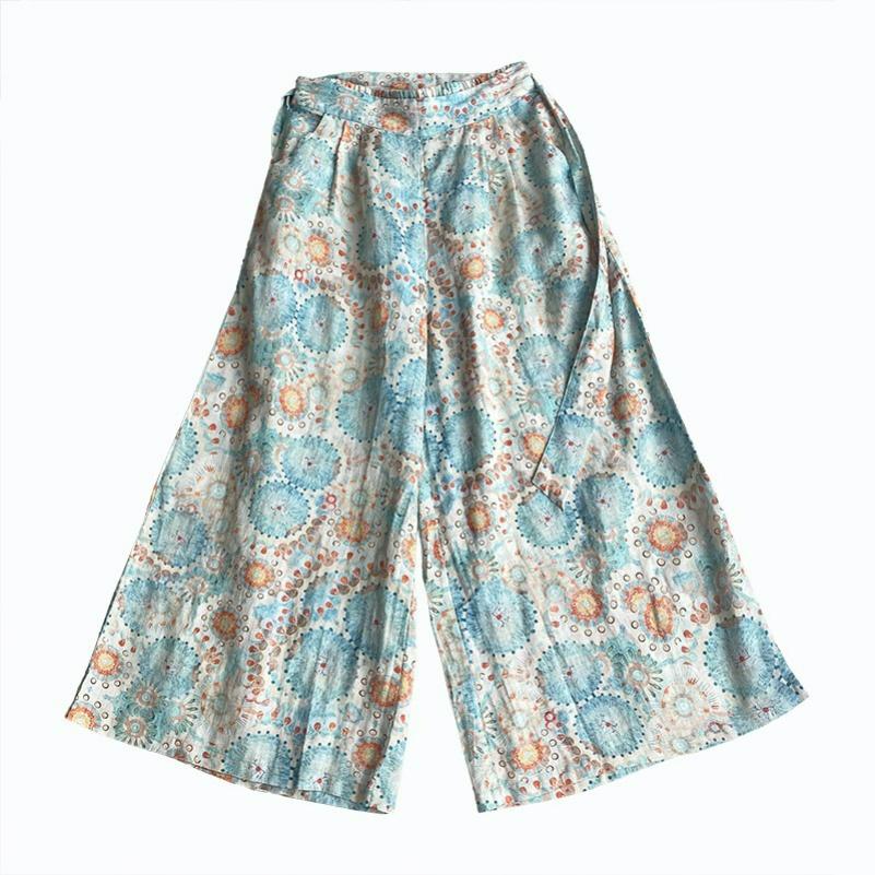 Summer Literary Retro Printing Loose Wide-leg Pants Nine-point Casual Culottes Women