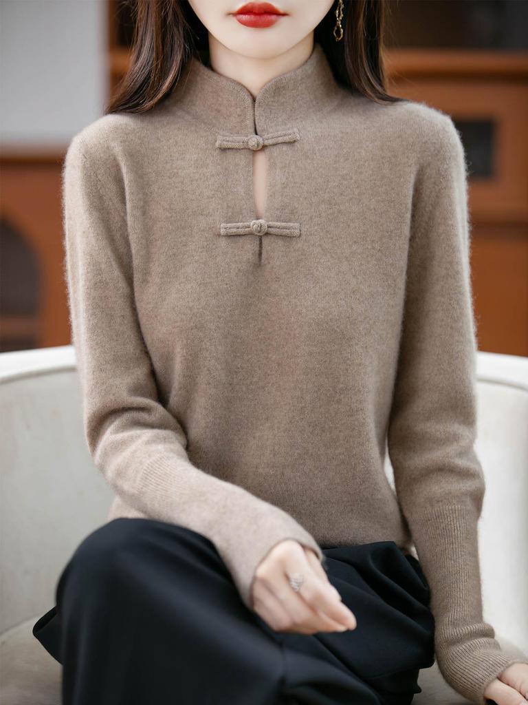 New Chinese Style Women's Thick Wool Sweater - Frog Button, Stand Collar, Loose Fit, Autumn Winter Warm Knit