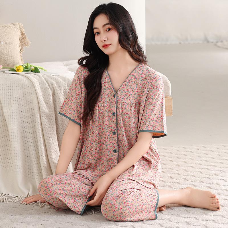 Pajamas women's summer modal short-sleeved cropped pants thin summer middle-aged mother cotton and silk cool summer loungewear