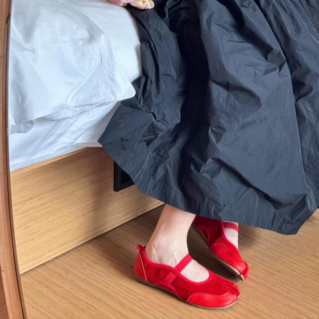 Sheepskin version~ niche design elastic one-word strap Mary Jane shoes split-toe shallow mouth single shoes women's ballet flats