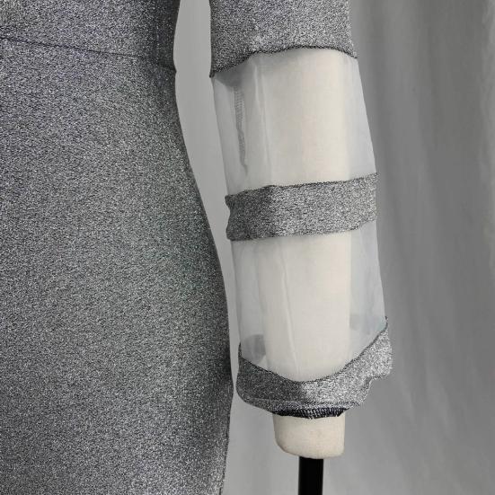 Formal Dress Shiny V Neck Mesh Patchwork Elegant Women Bodycon Dress