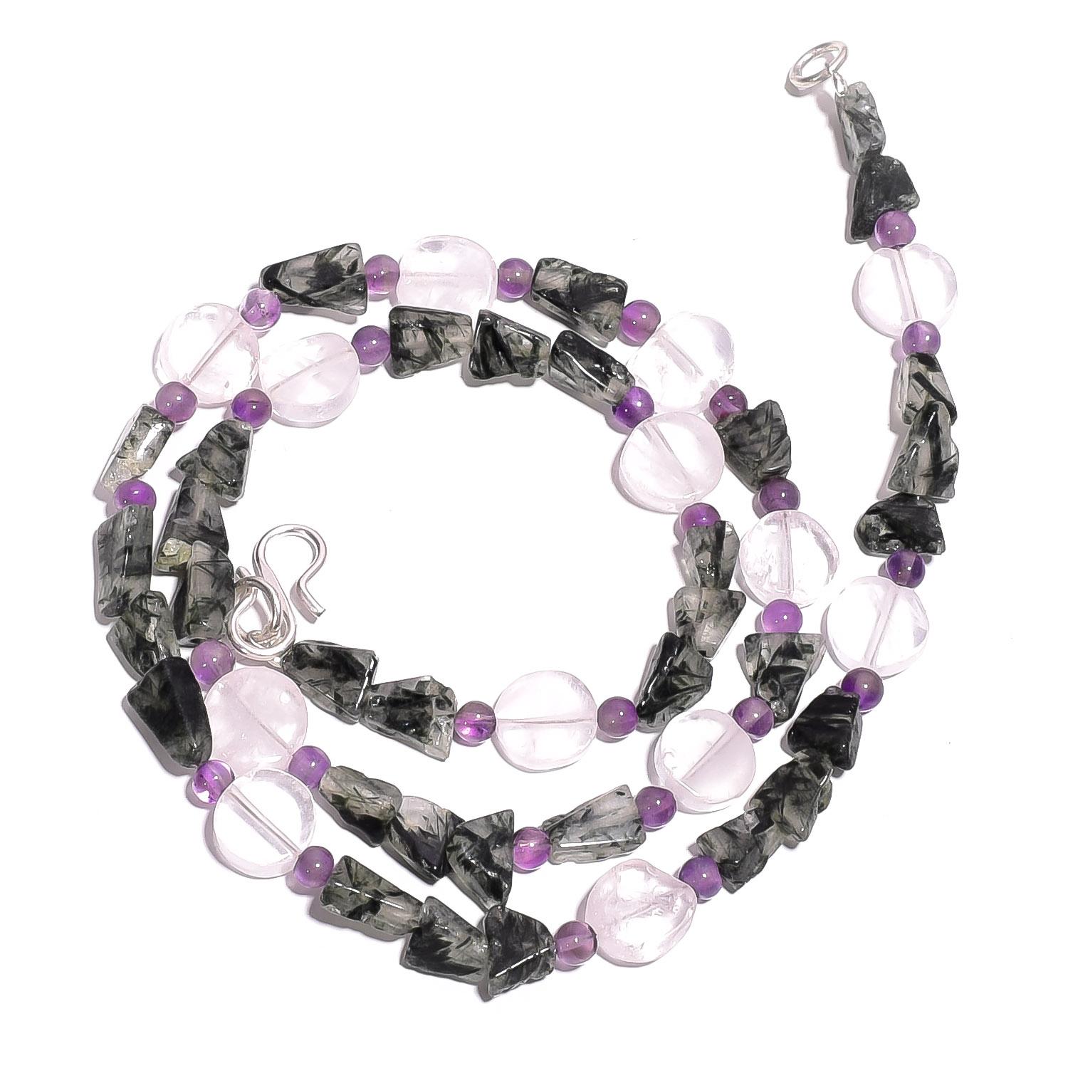 

Natural Rutile & Rose Quartz Amethyst Gemstone Smooth Beads Necklace 17 UB-4102 UB-4102