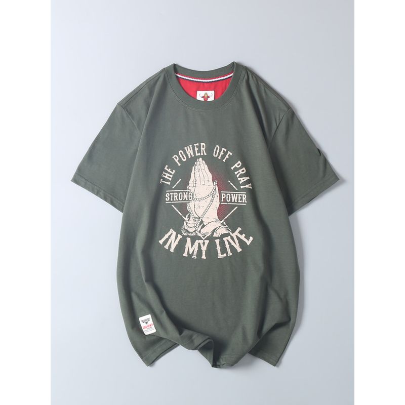 Fashionable Vintage Printed Round Neck Short-Sleeve Men's T-Shirt Made of Washed Cotton for Export