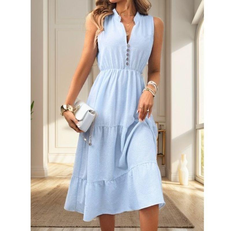 

Summer New Arrival Fashion V-neck Single Breasted Tight Waist Light Blue Ruffles Mid Length Long Length Sleeveless Stripes Dress Light Blue 2XL