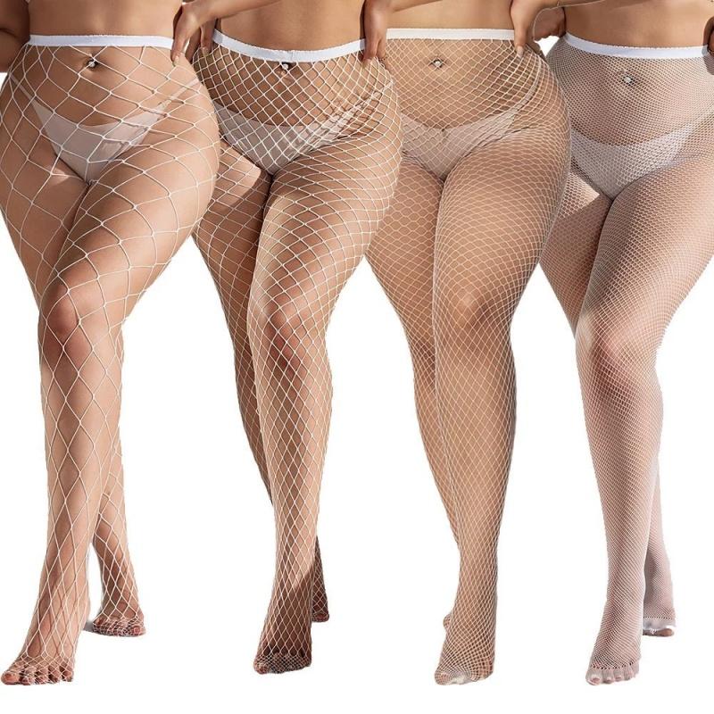 

4 Pairs Sexy Women Fishnet Tights Plus Size Hollow Out Stockings Flower Skull Heart Pattern Pantyhose Lingerie Club Party Wear One Size