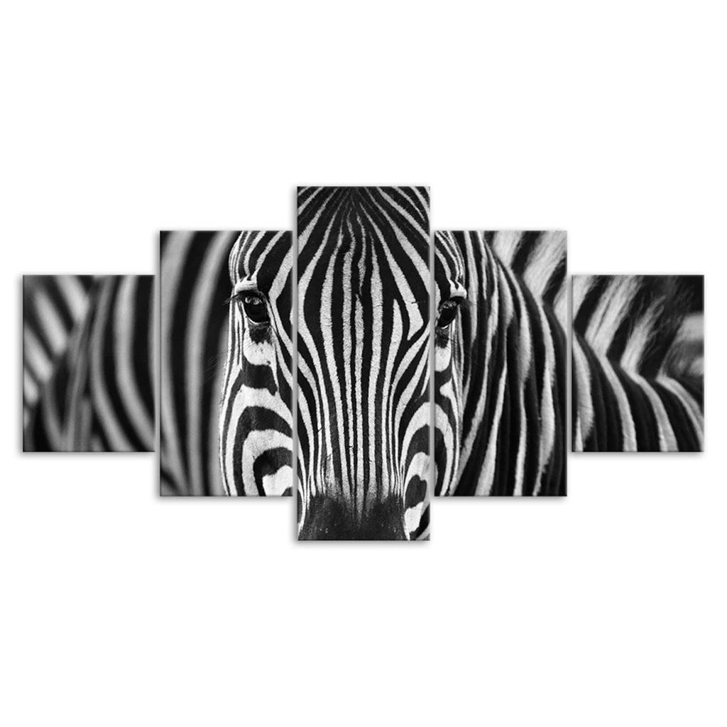 Zebra Black And White Stripes Camouflage 5 Piece Five Panel Wall Canvas Print Modern Poster Pictures Home Decor Gift For Him For Her