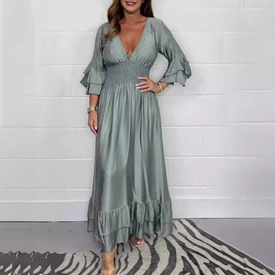 

Платье макси с V-образным вырезом и цветочным принтом, с оборками по подолу и рукавами-колокольчиками, повседневное элегантное длинное платье для женщин S зелёный