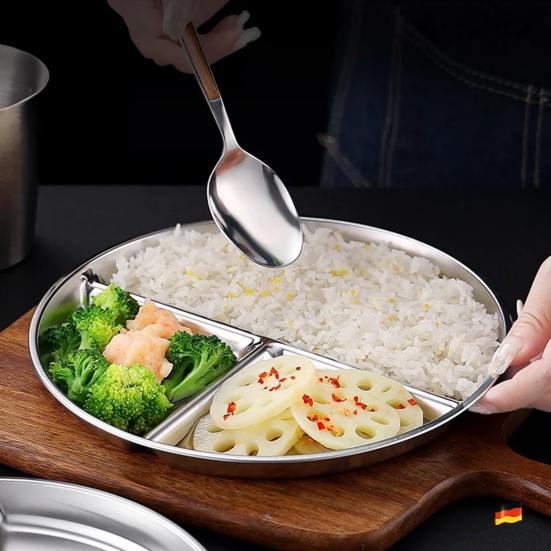 Stainless Steel Dinner Plates Silicone Suction Divided Serving Tray Stackable Breakfast Plates Kids Snack Tray Lunch Container for School