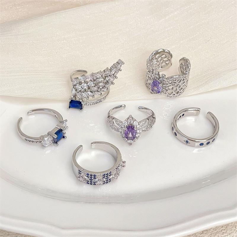 Super Flash Spitzenmuster Lila Zirkon Eleganter Öffnungsring Licht Luxus Hohes Gefühl Süß Nische Zeigefingerring
