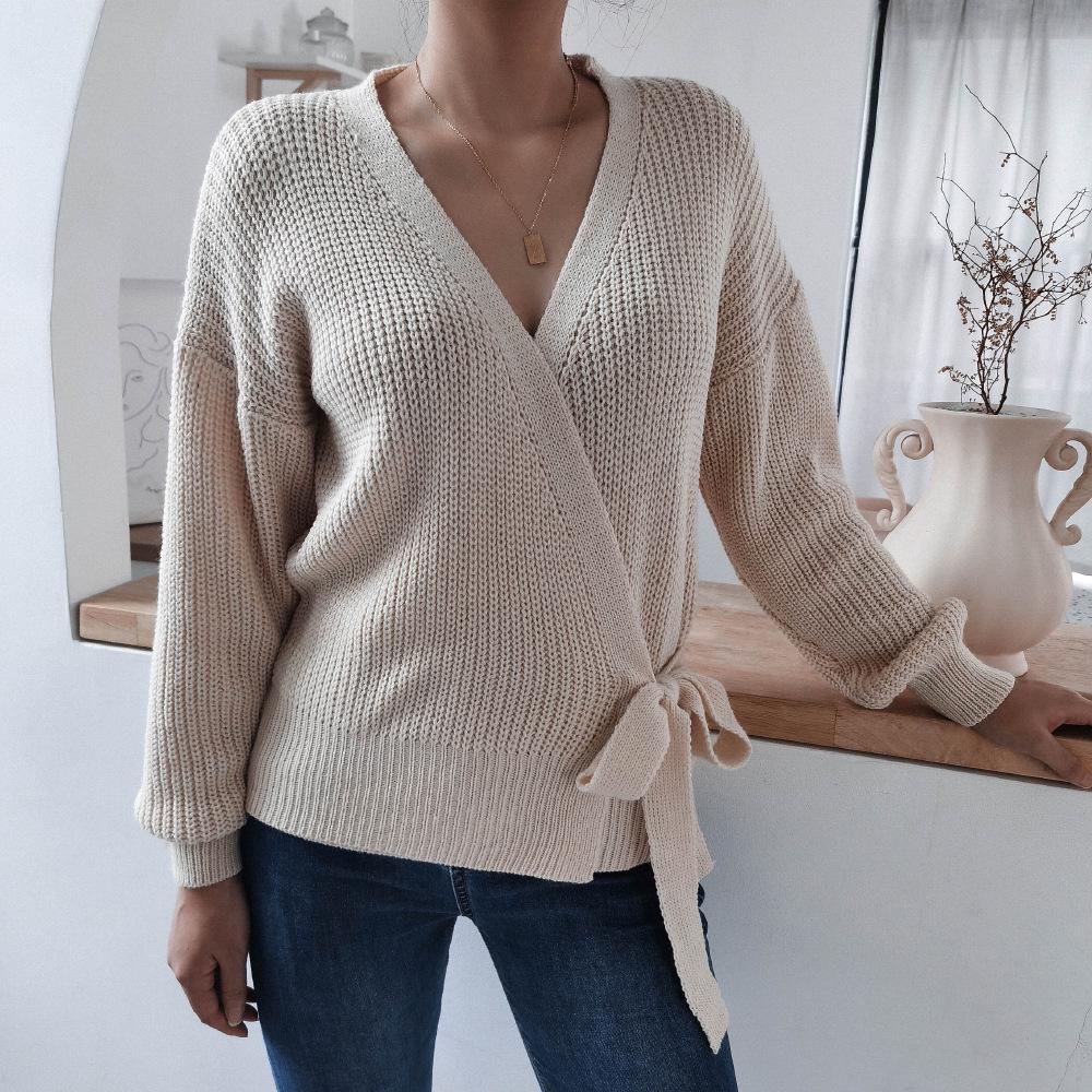 Clearance Casual V-neck Tie-up Knot Knit Sweater for Women - Autumn/Winter European and American Style