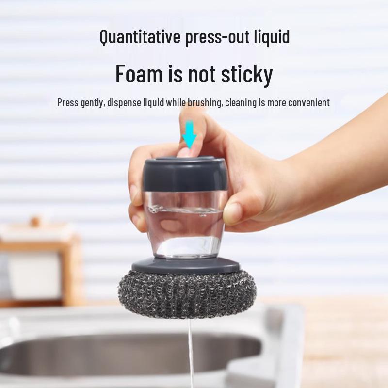 Press-Type Steel Wool Dishwashing Brush with Automatic Liquid Dispensing