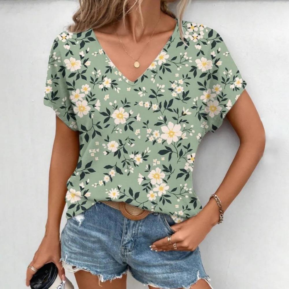 Floral V-neck women's T-shirt summer outdoor casual short-sleeved top