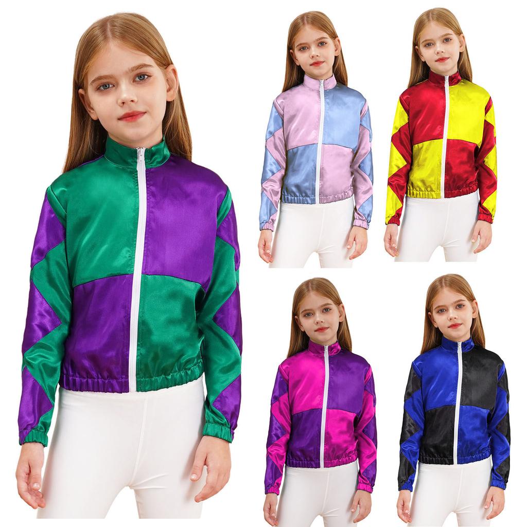 Girls Horse Riding Costume Long Sleeve Color Block Zipper Jacket Patchwork Design Halloween Dress Up