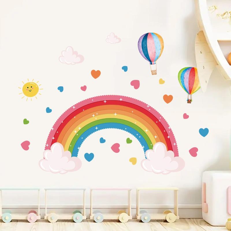 Cartoon Rainbow Bridge & Hot Air Balloon Wall Sticker Self-Adhesive Decal for Kids Room Kindergarten Home Decor