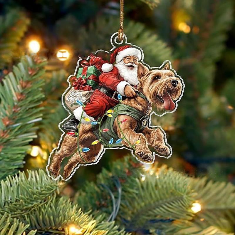 2026 Santa Claus And His Funny Dog Ornament 2D Flat Acrylic Pendant Christmas Decoration For Home Xmas Tree  Year Kerst