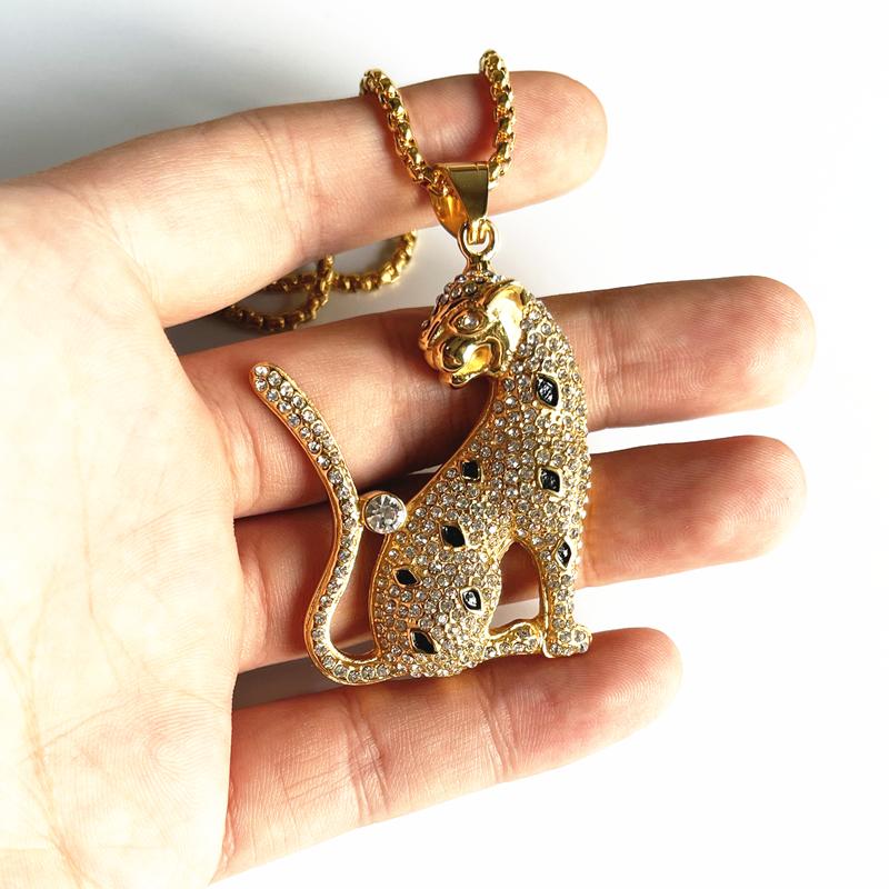 New Hip Hop Iced Out Bling Tiger Stainess Steel with Rhinestone Leopard Gold Color Pendants & Necklaces for Men Women Jewelry
