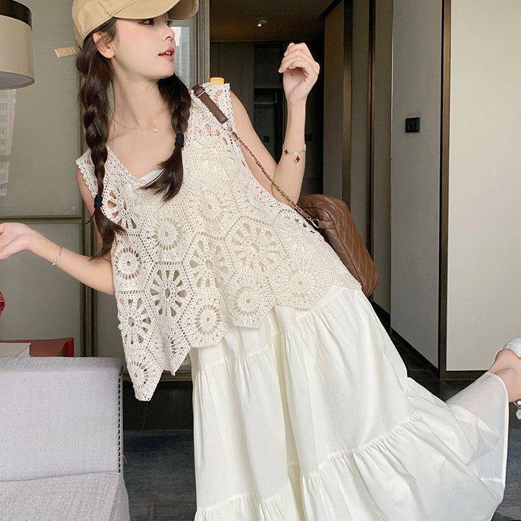 Trendy White Hollow Camisole Dress Set: Flattering Two-Piece Layered Vest & Dress