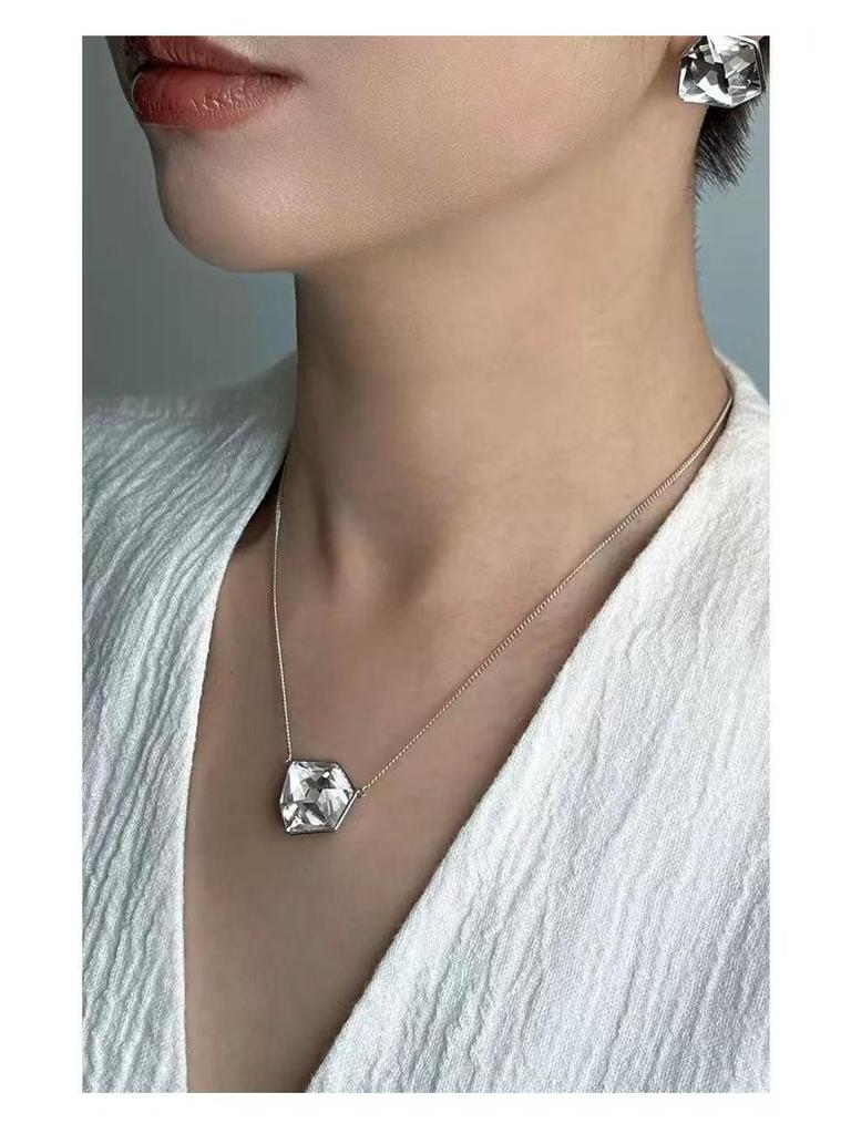 Korean Minimalist Geometric Crystal Earrings & Necklace Set with Adjustable Ring