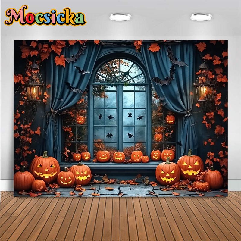 Mocsicka Halloween Backdrop For Photography Fall Pumpkin Party Backgrounds Autumn Leaf Bat Home Window Castle Decorations Banner