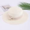 Summer Xiaoxiangfeng Flat Top Hat Ladies Elegant Pearl Rhinestone Sunshade Sunscreen Hat Travel Fashion Straw Hat Pearl