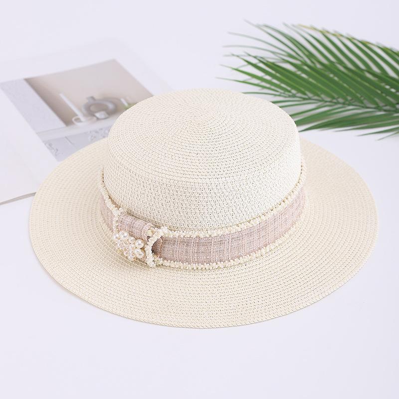 Summer Xiaoxiangfeng Flat Top Hat Ladies Elegant Pearl Rhinestone Sunshade Sunscreen Hat Travel Fashion Straw Hat Pearl