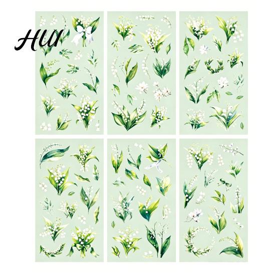 Floral Plant Decals 6 Sheets/Set Natural Flower Scrapbook Stickers, Waterproof PVC Plants Decals, Hand-painted Stickers Transparent Decorative for DIY