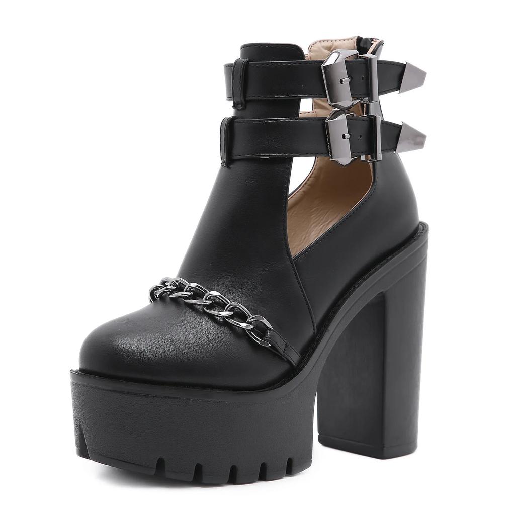 Fashion Spring Autumn Fashion Ankle Boots for Women High Heels Casual Cut-outs Buckle Round Toe Chain Thick Heels Platform Shoes