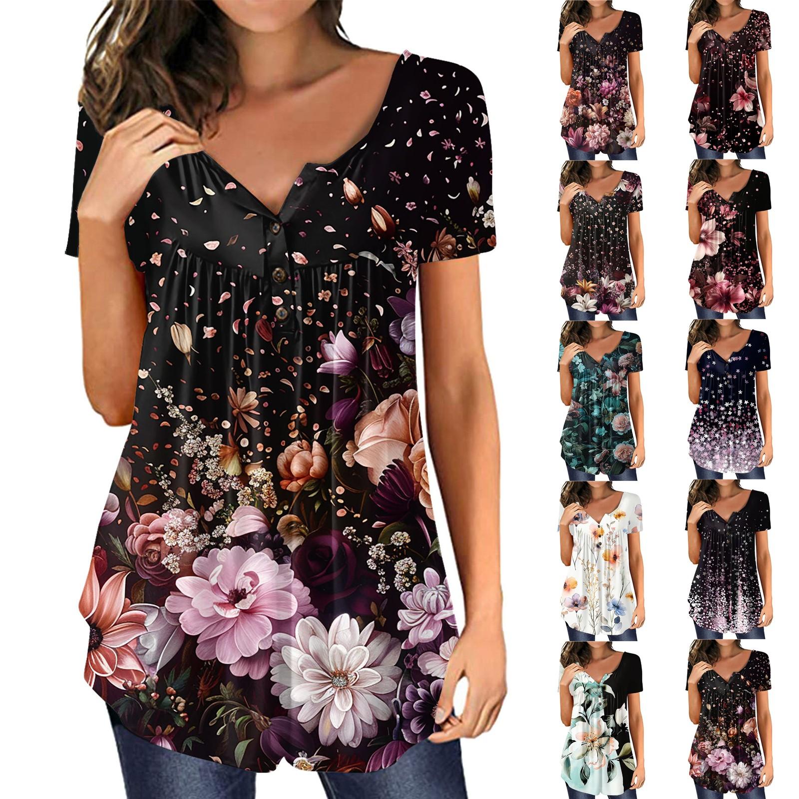 

Женская модная повседневная футболка с короткими рукавами и v-образным вырезом на пуговицах с цветочным принтом, топ