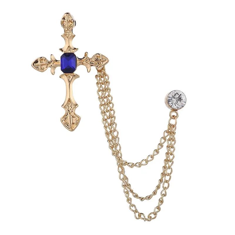 

Korean New High-end Metal Cross Brooch Crystal Rhinestone Tassel Chain Lapel Pin Fashion Men s Suit Badge for Women Accessories