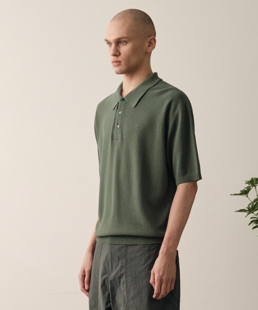 HELEMENT Knit Zip-Up Collared Short Sleeve (D Green)