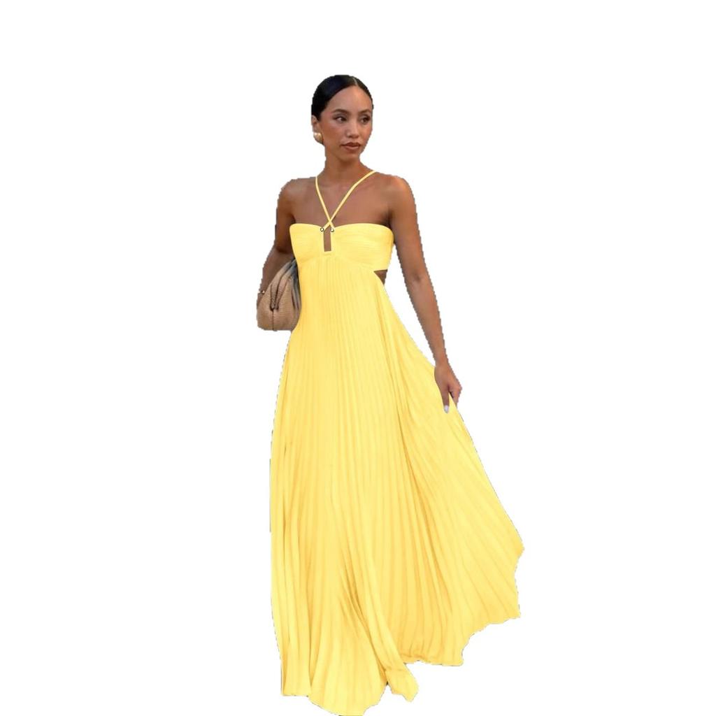 A New Summer Solid-color Strapless Pleated Sleeveless Halter Dress