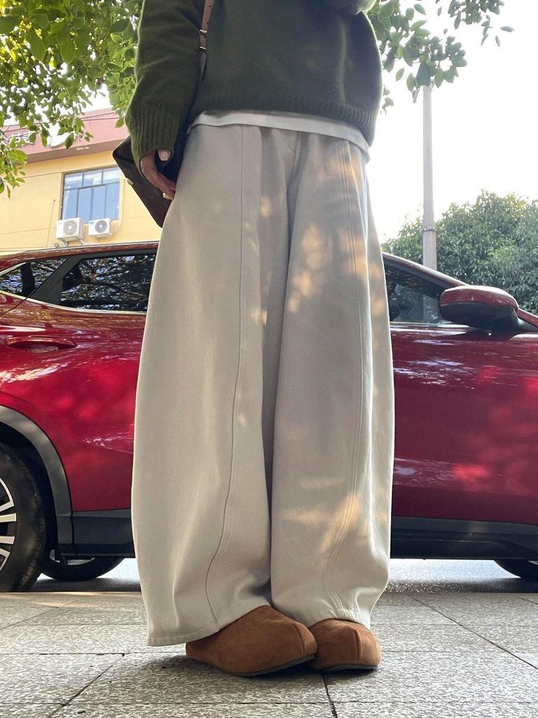 Off-White Korean Loose Wide-Leg Pants for Petite & Plus Size Women