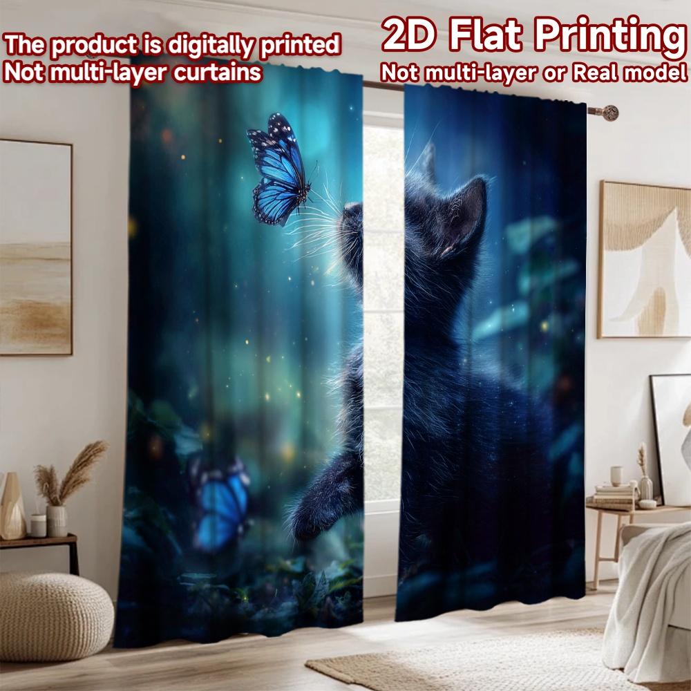 2D Flachdruck 2 Stück Fenstergardinen Schwarze Katze Blaue Schmetterlinge Fantasy Digital Gedruckte Polyester Vorhänge Festlicher Feiertag Perfekt