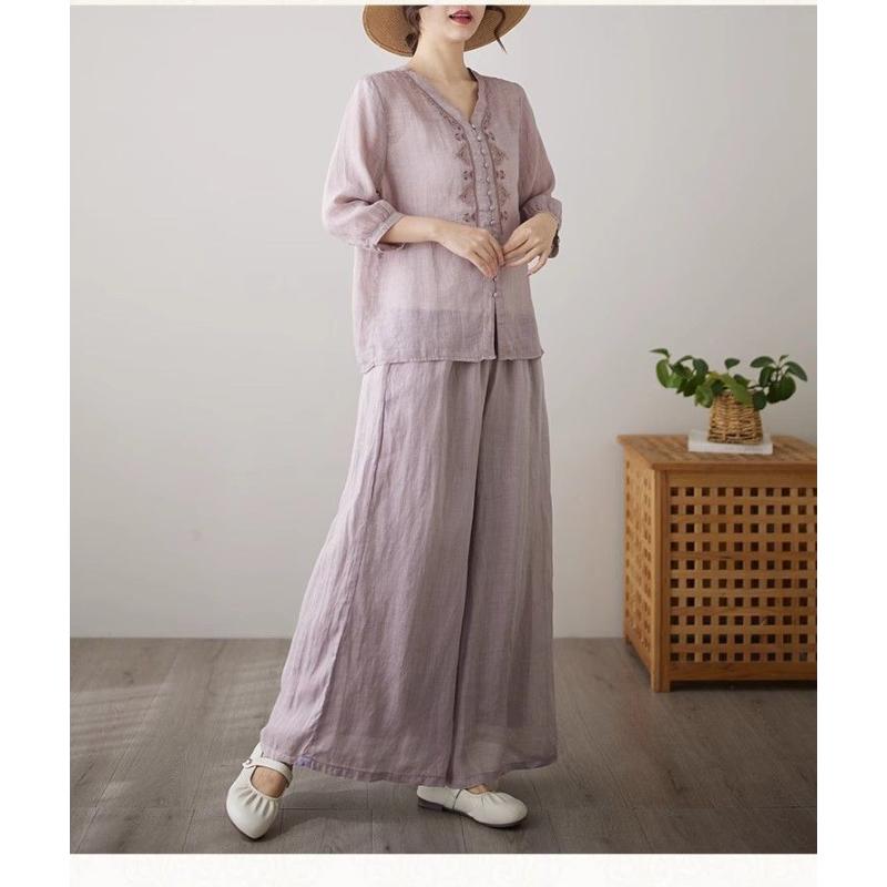 Conjunto de Top de Algodón y Lino de Verano Elegante Juvenil de Media Manga y Pantalones de Pierna Ancha Conjunto Casual Holgado de Dos Piezas Ropa para Mujer