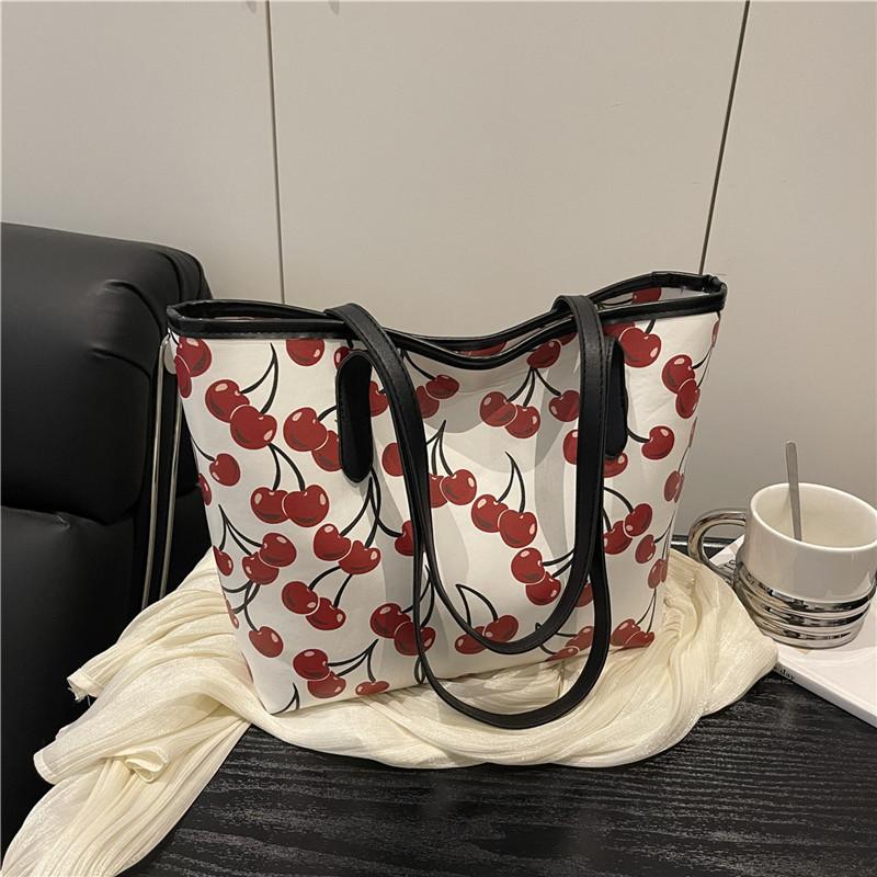 Cherry Print Large Capacity Tote Bag Fashionable Soft Faux Leather Shoulder Handbag for Women