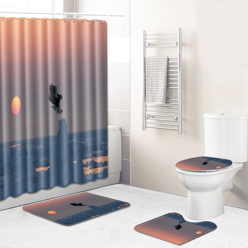 Animal Shower Curtain Floor Mat Combination Four-Piece Set Bathroom Toilet Carpet Shower Room Mat Foot Mat