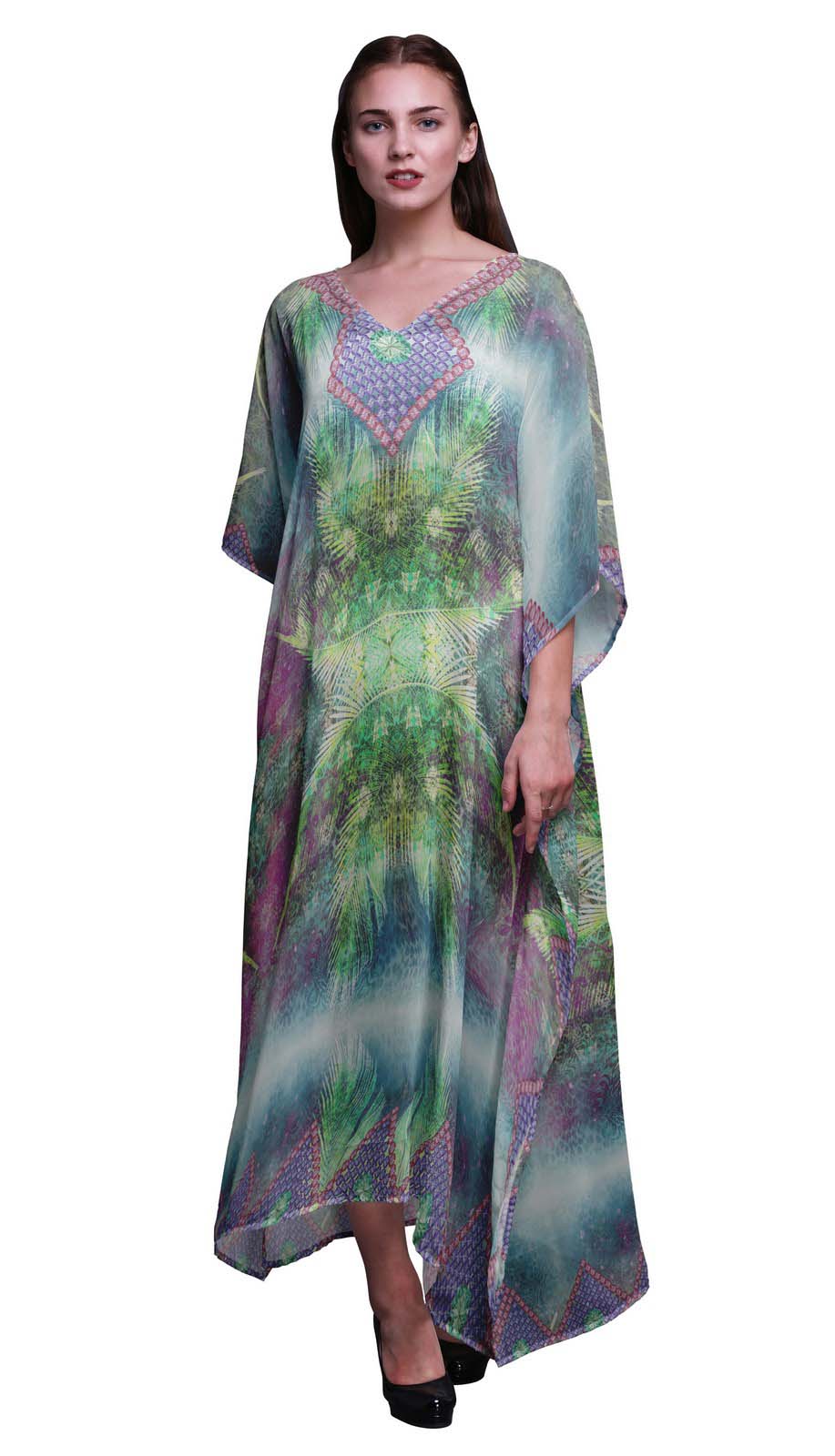 

Phagun Floral & Animal Skin Long Caftan Maxi Dress Beach Swimwear Cover up Womens XL-3X м ята зелений колір