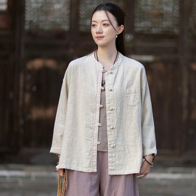 Johnature Women Vintage Shirts Spring Chinese Style Solid Color Stand Long Sleeve Button Pockets Blouses