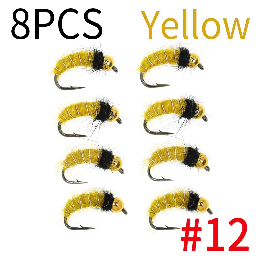 6/8 STÜCKE 2 Größen Perlenkopf Köcherfliegenlarve Nymphe Fliege Realistische Bachflohkrebs Insekt Wurm für Forellen Äschen Angelköder (Widerhakenhaken, Schnell sinkend)