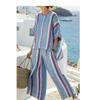 A New Summer Women's Clothing, Printed Striped Color Matching Medium-sleeved Crew Neck Top, Straight Casual Suit.
