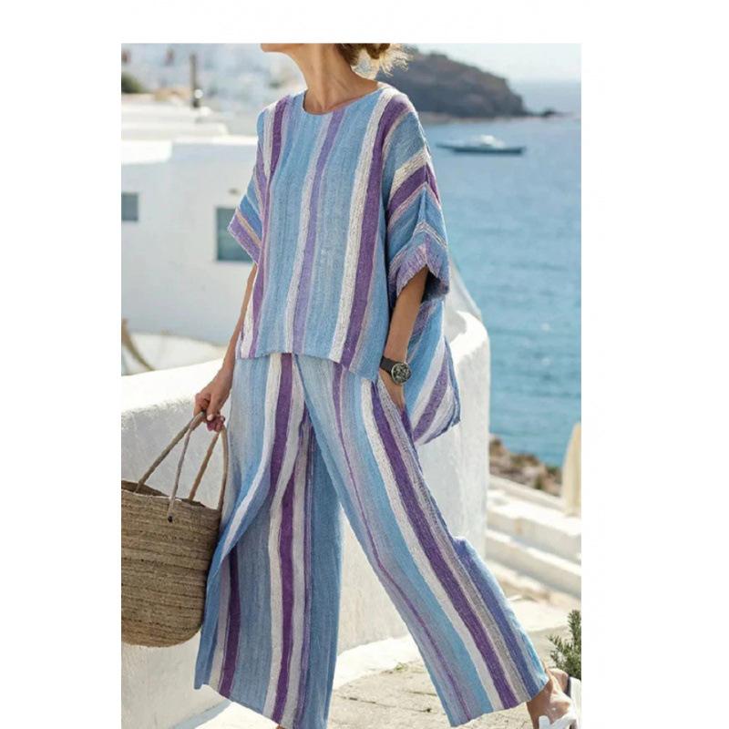 A New Summer Women's Clothing, Printed Striped Color Matching Medium-sleeved Crew Neck Top, Straight Casual Suit.